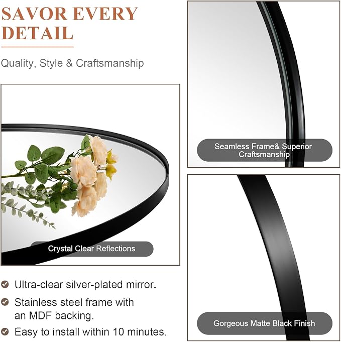 ANDY STAR Arched Mirror, 28 x 36 Inch Black Wall Mirror in Stainless Steel Metal Frame, Arch Top Rounded Corner 1 Inch Deep Set Design Wall Mount Hangs Vertical