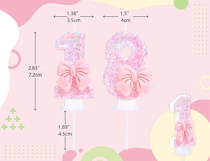 Number 18 Candle Pink Sequins and Bowtie 18th Cake Topper, 18 Birthday Candle for Girls Pastel Sweet Theme Birthday Party or Adults Milestone Age Decoration