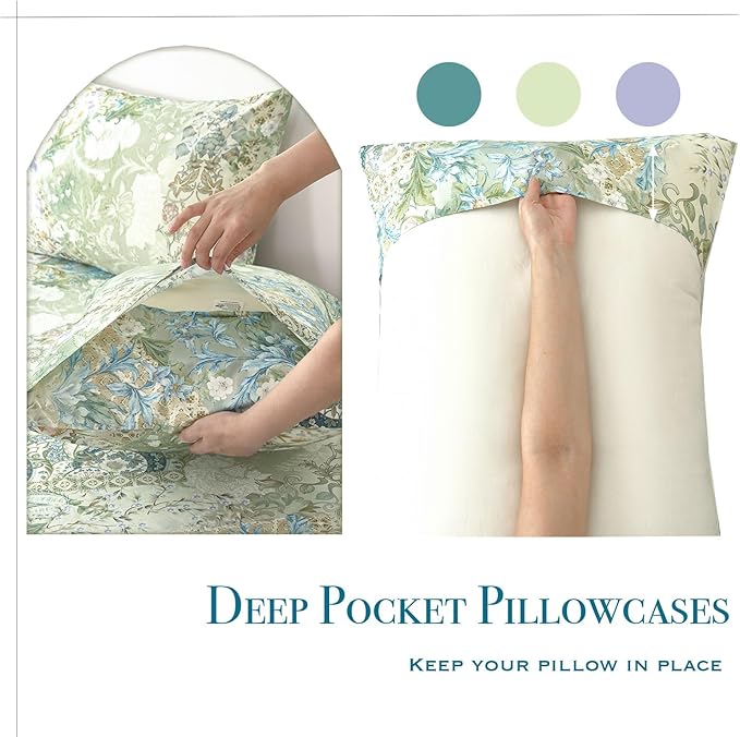 Zusbest Full Size Sheets Luxury Sage Green Floral Bed Sheet Set 100% Cotton, Satin Weave Soft Silky Breathable for Hot Sleepers American Country Style Vintage Flower Deep Pocket 17.5‘’ Bed Set 4Pcs