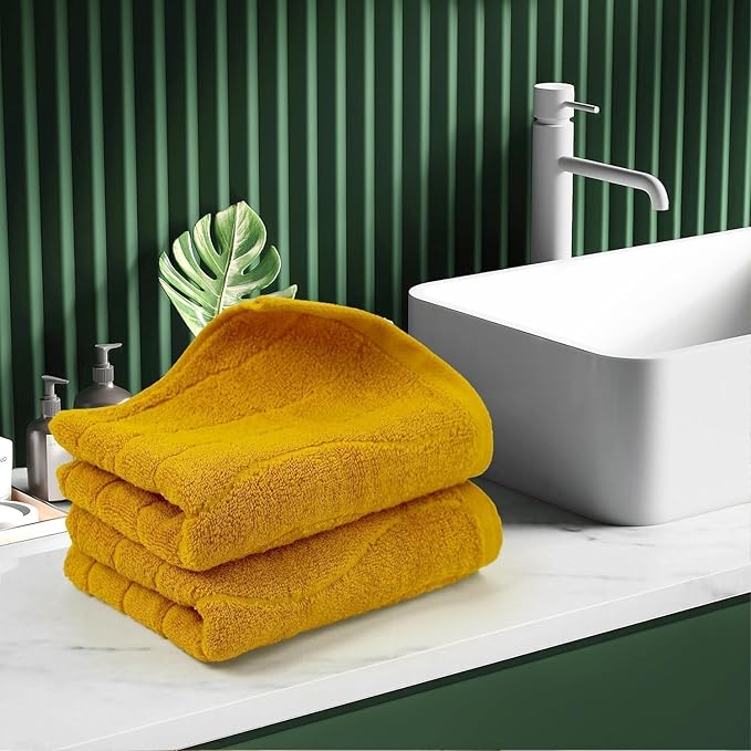 Jacquotha Wavy Striped Cotton Hand Towels, Set of 2, Dry Your Hand Instantly, 13x29 Inches, Mustard Kitchen Bathroom Towel