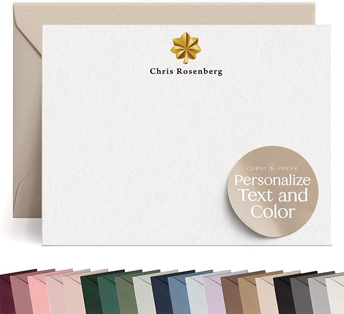 Curio Press Personalized Stationery for Women & Men - A2 Army Flat Thank You Cards with Custom Notecards, Personalized Note Cards with Envelopes and Name, Custom Stationery - Military Officer Flat