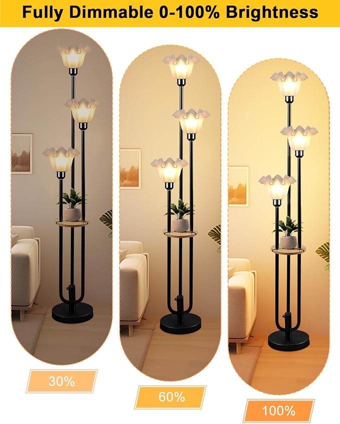 Vintage Flower Floor Lamp for Living Room, Mid Century Modern Floor Lamp Dimmable with Shelf & LED Bulbs, 3 Light 3000K Warmwhite Black Tall Standing Lamp for Bedroom Girls Room Home Decor