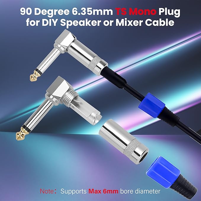 Togconn Right Angle 6.35mm 1/4 Inch TS Mono Plug 2 Pack, 90 Degree 1/4" Solder Type DIY Audio Cable Adapter Connector, Metal Housing for Guitar/Speaker/Microphone Audio Cable Repair Replacement