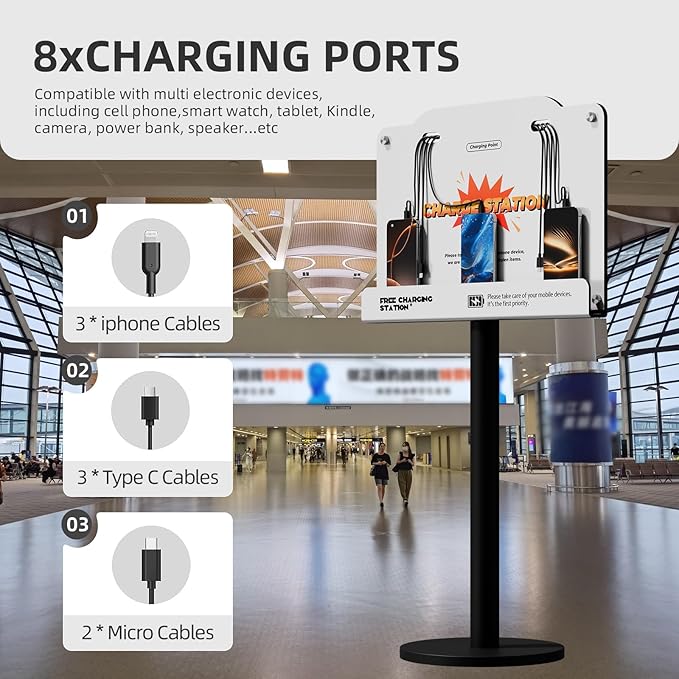 8-Port Wall Mounted Charging Station with Universal Cables – Fast Charging Dock for iPhone, Android & Type-C Devices – Perfect for Office, Airport, Hotel & School Use (White)