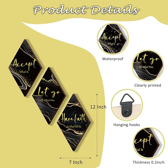 3 Pcs Black And Gold Bathroom Decor Gold Wall Decor with Accept Let Go Have Faith Quote Rustic Vintage Farmhouse Wooden Hanging Signs for Women Home Laundry Living Room Bedroom(Black Gold, 12 x 7Inch)
