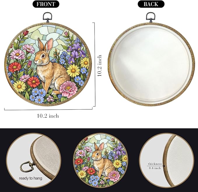Cute Flower Rabbit Bunny Lovers Gift Garden Decor Framed Round Wall Decor Canvas Wall Art Hanging Prints Artwork for Home Porch Bedroom Housewarming Birthday Christmas Party 10.2X10.2 Inch