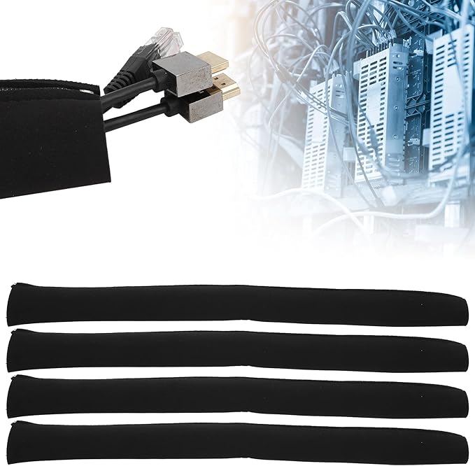 4Pcs Cable Management Sleeve Cord Organizer with Zipper, Neoprene Wire Sleeve Cover for Power Cords and TV Cables, Anti - Bite Protective Wrap with 10 Ties, 19