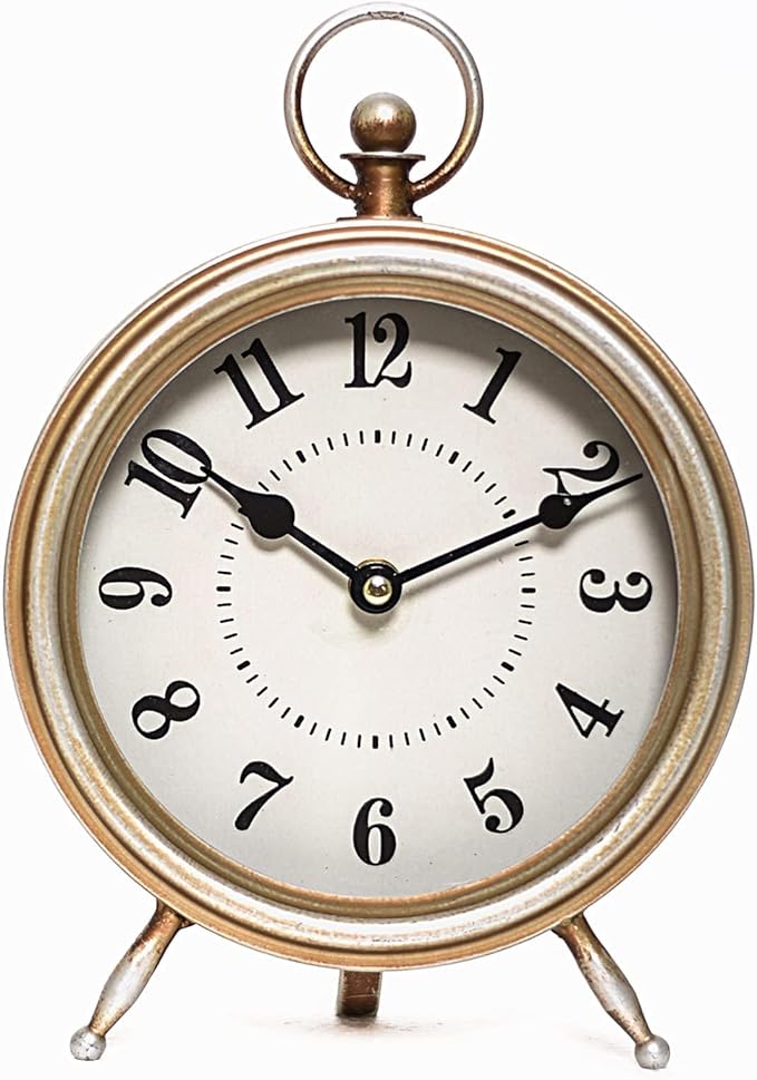 MACVAD Vintage Table Clock on Stand, Decorative Desk and Shelf Clock Farmhouse Mantel Non-Ticking Clock Rustic Metal Frame with Antique Gold Finish