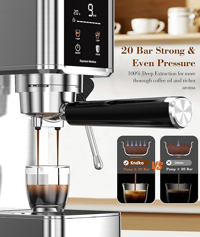 Kndko 20Bar Craft Coffee Machine with Milk Frother, Upgraded 1350W Expresso Coffee Machines with Touchscreen, Stainless Steel Espresso Machine Small for Home - Cappuccino Latte & Americano