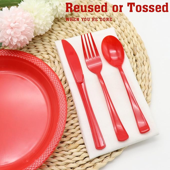300 Pcs Red Plastic Silverware, Red Plastic Utensils, Disposable Cutlery Heavy Duty, 100 Forks, 100 Spoons, 100 Knives for Birthday, BBQ, Christmas
