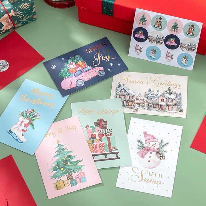 Thboxes Christmas Cards, 36 Pack Merry Christmas Cards with Envelopes & Stickers, 4x6 Inch Holiday Card, 6 Assorted Designs Greeting Card for Xmas