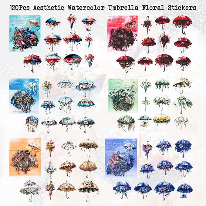 Dwpetzo 120Pcs Aesthetic Scrapbook Stickers for Scrapbooking, 6 Assorted Set Watercolor Umbrella Floral Decorative PET Stickers for Journaling, Junk Journal Supplies, Bujo, Collage, Craft Arts