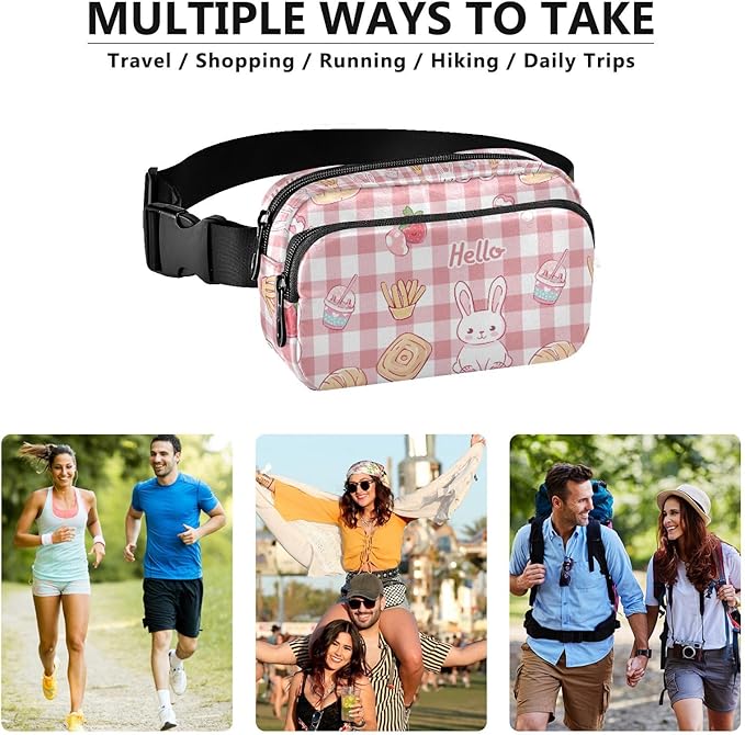 Kawaii Pink Checkered Bunny French Fries Fanny Pack for Women Men Water Resistant Fashion Waist Packs with Adjustable Strap Belt Bag for Travel Workout Jogging Hiking 21219121