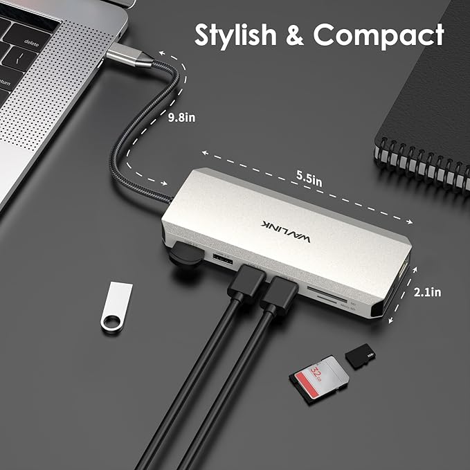 WAVLINK USB C Laptop Docking Station Dual Monitor for Dell/Lenovo/HP/XPS, USB-C Hub Multiport Adapter Dongle Dock with 2 HDMI, DisplayPort, Ethernet Hub, 85W Power Delivery, SD Card Reader, Audio