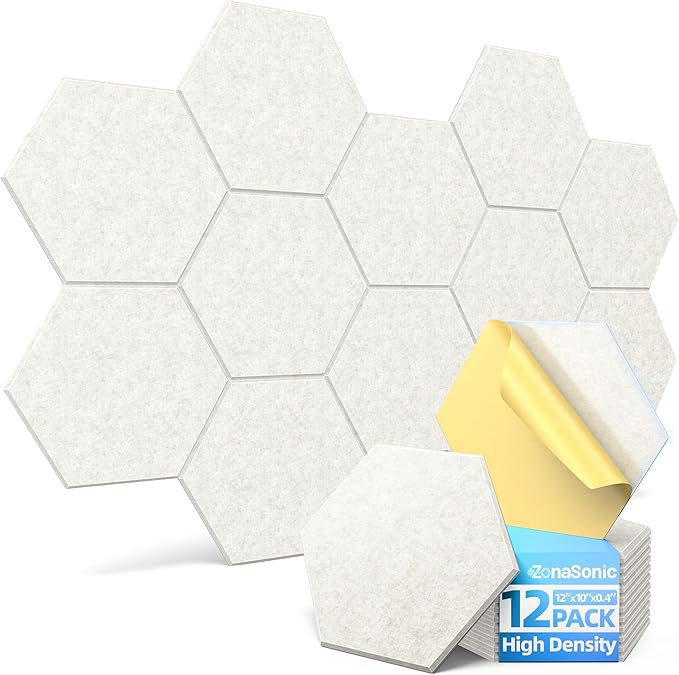 12 Pack Hexagon Acoustic Panels with Self-Adhesive, 12" X 10" X 0.4" Sound Proof Foam Panels for Walls, High Density Soundproof Wall Panels, Sound Dampening Panels for Home Studio Decor Office - Ivory