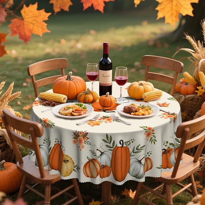 Eikione Fall Tablecloth 70Inch, Round Pumpkin Tablecloth, Thanksgiving Table Cover for Party Dining Picnic Table Decorations