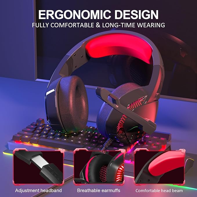 PHOINIKAS PS4 Gaming Headset with 7.1 Surround Sound, PC Headset with Noise Canceling Mic & LED Light, H3 Over Ear Headphones for Nintendo Switch, PS5, Xbox One, Laptop (Red)