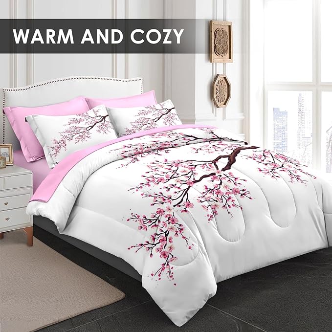 Comforter Set Full Size, Japanese Cherry Blossom 7 Pcs Bedding for Kids and Adults, Flower Painting Pink Bed Sheet Sets with Fitted Sheet 2 Pillowcase & 2 Sham for Bedroom Bed Decor