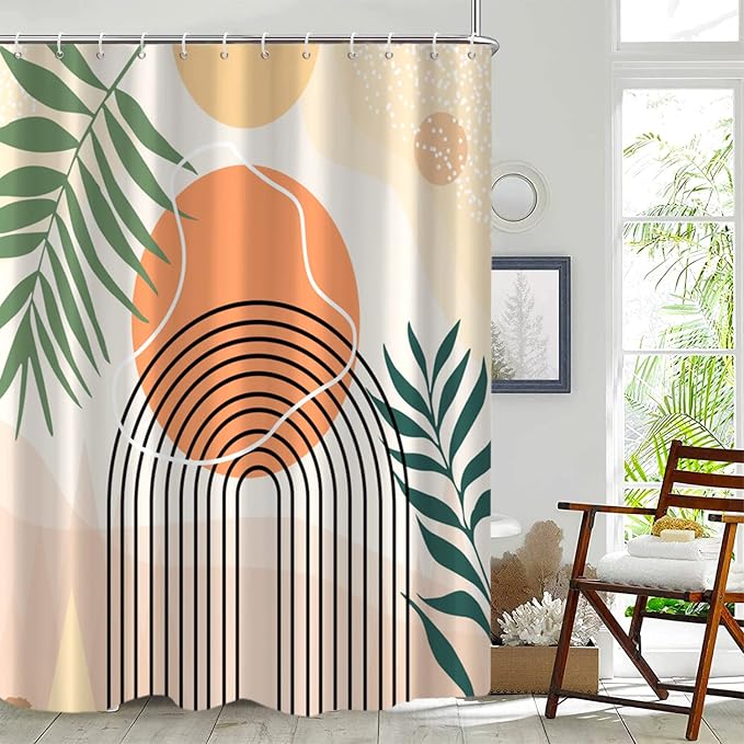 Mid Century Extra Long Shower Curtain, Abstract Boho Minimalistic Arch Sun Leaf Machine Washable Waterproof Fabric for Bathroom Bathtub Decor with Hooks 72Wx78H