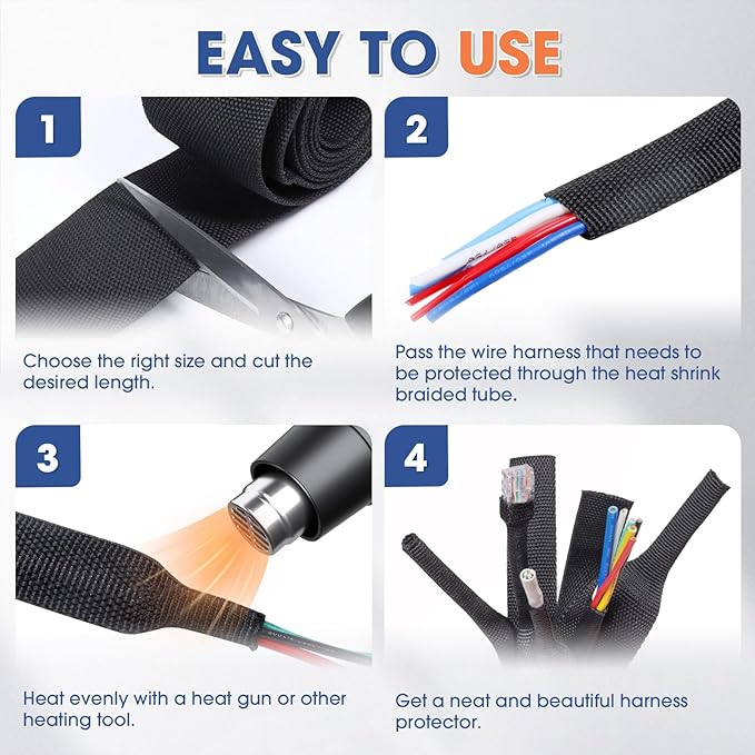 FOURUB 2:1 Heat shrinkable Braided Sleeving Fabric Wire Loom High Temp Heat Shrink Wiring Harness Abrasion Protector Cable Sleeve(1/2"-27ft)