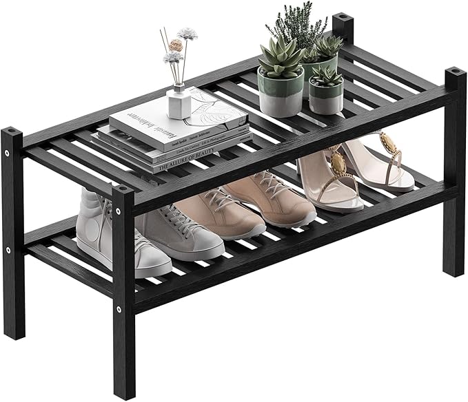2 Tier (Thick) Bamboo Shoe Rack for Closet Free Standing Wood Shoe Shelf for Entryway Small Space Stackable 27"x12"x14" (Black)
