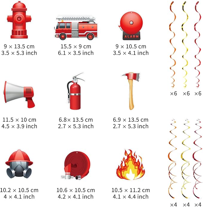 Firefighter Party Hanging Swirls, 48 Pcs,Fire Truck Party Decoration Sign,Hydrants Fire Rescue Equipment Theme Party Supplies for Birthday,Red Orange Yellow