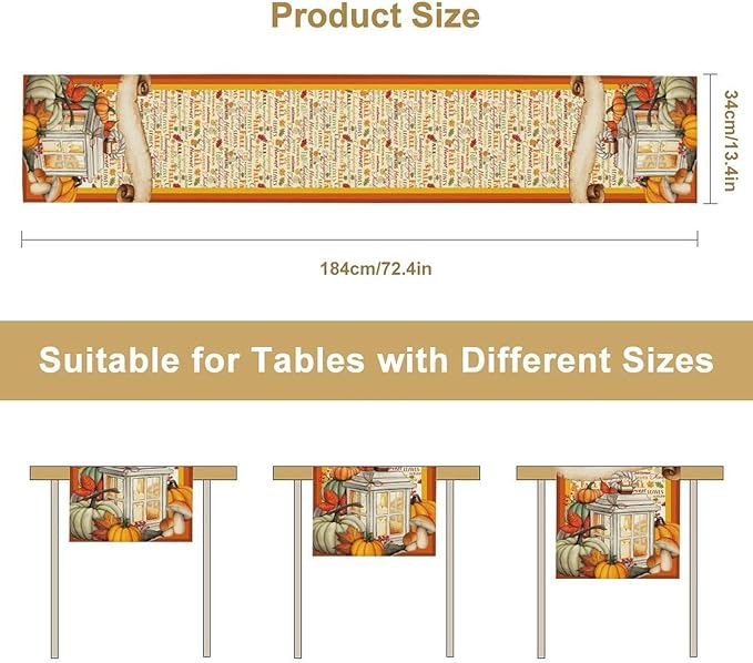 Fall Pumpkin Table Runner Rustic Farmhouse Mushrooms Leaves Berries Lanterns Thanksgiving Theme Home Decor for Farmhouse Indoor Outdoor Party Holiday Dining Kitchen Restaurant Cafe W13xL120in