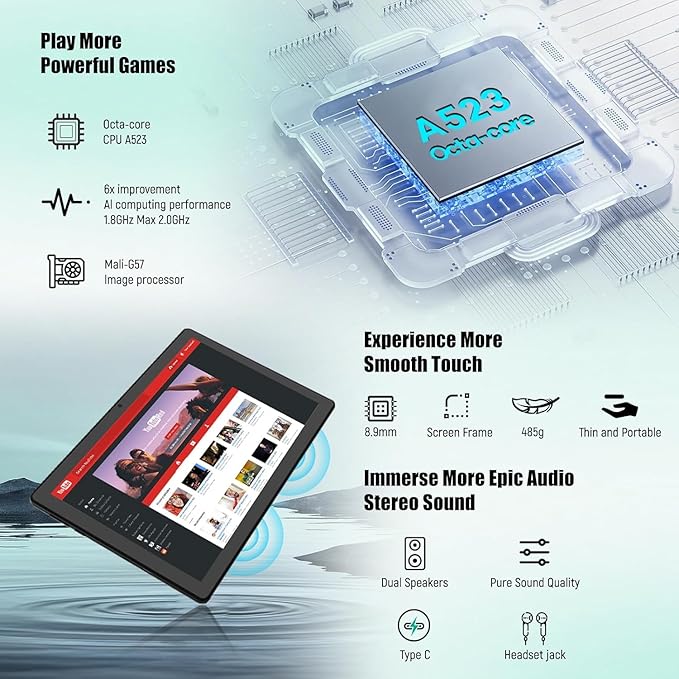MUISOO Tablet 10 Inch, Android 14 Tablet PC, 8GB RAM+64GB ROM (1TB TF), Octa-Core 2.0 GHz, Bluetooth 5.0, WiFi 6, Widevine L1, 5MP+8MP, 5000mAh,Type-C (Black, 10)