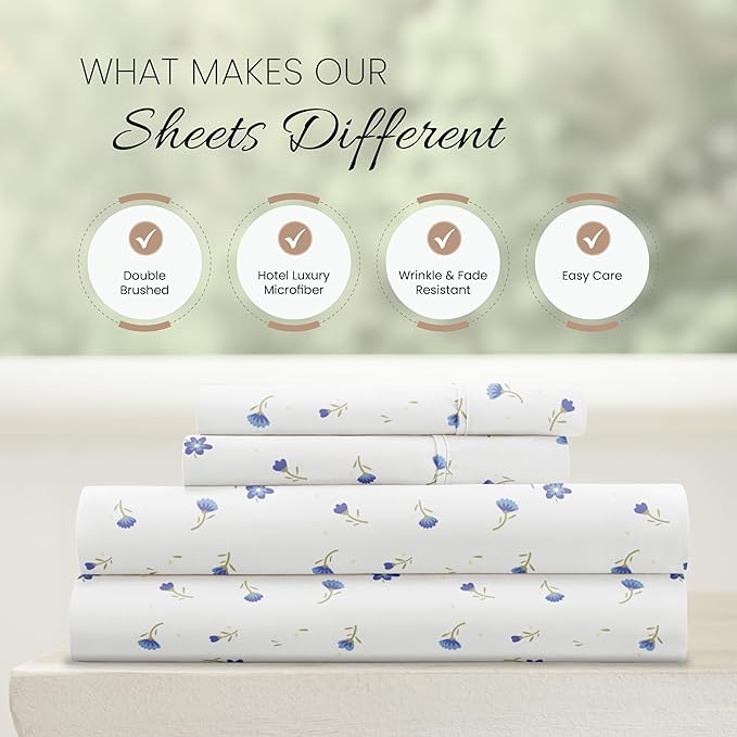 Linen Market Double-Brushed Patterned Microfiber Queen Sheet Set 4 Piece – Oeko-TEX Certified Ultra Soft & Wrinkle-Free - 16" Deep Pocket Sheets - Easy Care Queen Size - Soft Floral Light Blue