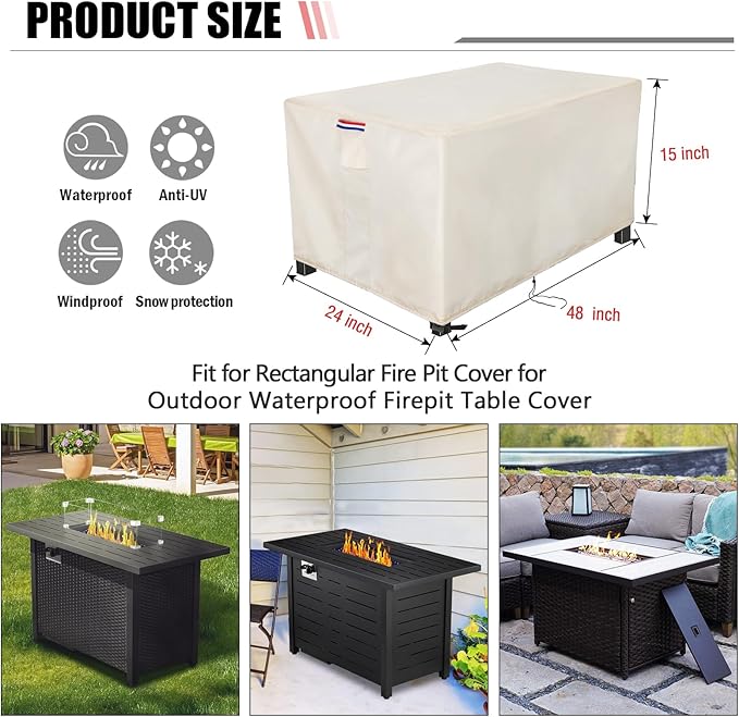 Youlvy Fire Pit Cover Rectangular 48 Inch - Waterproof Outdoor Fire Table Cover Rectangle Heavy Duty, 600D Patio Propane Gas Firepit Cover Rectangular Tear Weather Resistant - 48 x 24 x 15 Inch Beige