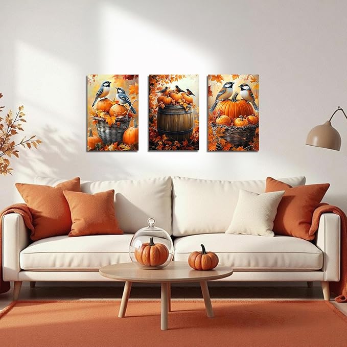 YMXDYMJSW Autumn Wall Art 3 Pieces Pumpkin with Sparrows Picture Prints Fall Harvest Birds Canvas Painting Thanksgiving Theme Artwork for Farmhouse Decor Frame (Yellow,11.00" x 14.00" x 3PCS)