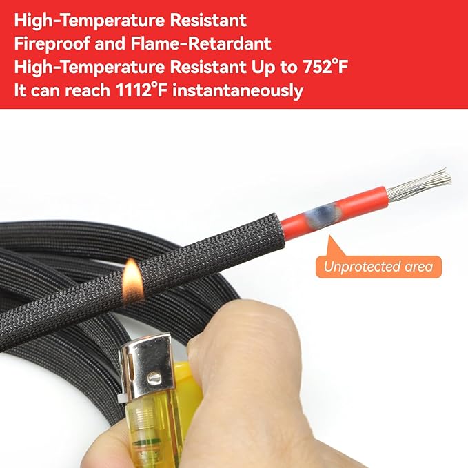 Braided Fiberglass Sleeve, 10ft High Temp Cable Sleeve, Flexible Cable Management Cable Protector for Car Wire Loom Protection (Black, 1/4")