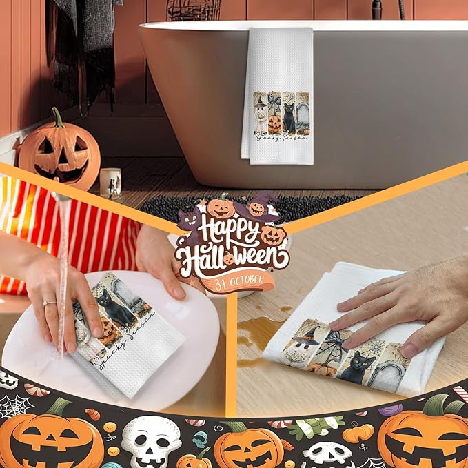 Fall Halloween Kitchen Towels, for Women Men Dish Tea Towels for Kitchen Decor, Spooky Pumpkin Ghost Black Cat Decorative Hand Towel for Bathroom, 16x24 Inches
