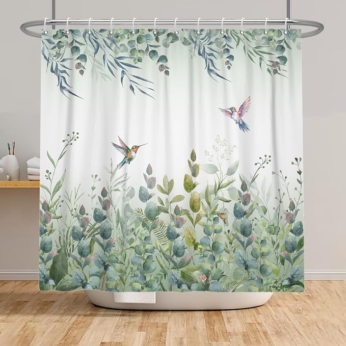 Green Leaf Shower Curtain Colourful Bird Eucalyptus Bathroom Curtain Plant Leaves Botanical Hummingbird Spring Summer Shower Curtain Sets for Bathroom Extra Long 60x72 in with 10 Hooks
