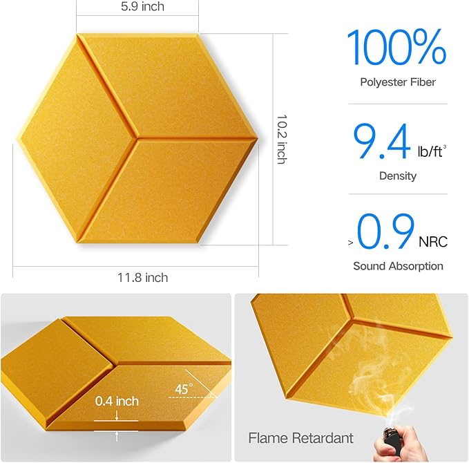 16 Pack Self-adhesive Acoustic Panels 12" X 10" X 0.4" -Sound Proof Foam Panels for wall with High Density, Y-Lined Design, Flame Resistant, Absorb Noise and Eliminate Echoe(Orange Yellow)
