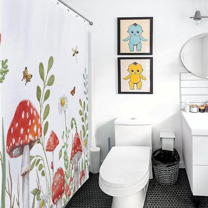 Mushroom Shower Curtain, Rustic Sage Green Botanical Vintage Mushroom Wildflower Forest Plants Herbs Farmhouse Country Waterproof Fabric Bathroom Shower Curtain Set with Hooks, 72"x72" Inch