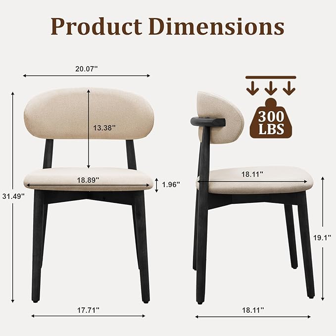 Wooden Dining Chairs Set of 8, Mid Century Modern Fabric Upholstered Kitchen Chairs Side Chairs, Farmhouse Dining Room Chair with Black Legs for Kitchen Dining Room Restaurant Cafe, Beige, Only Chairs