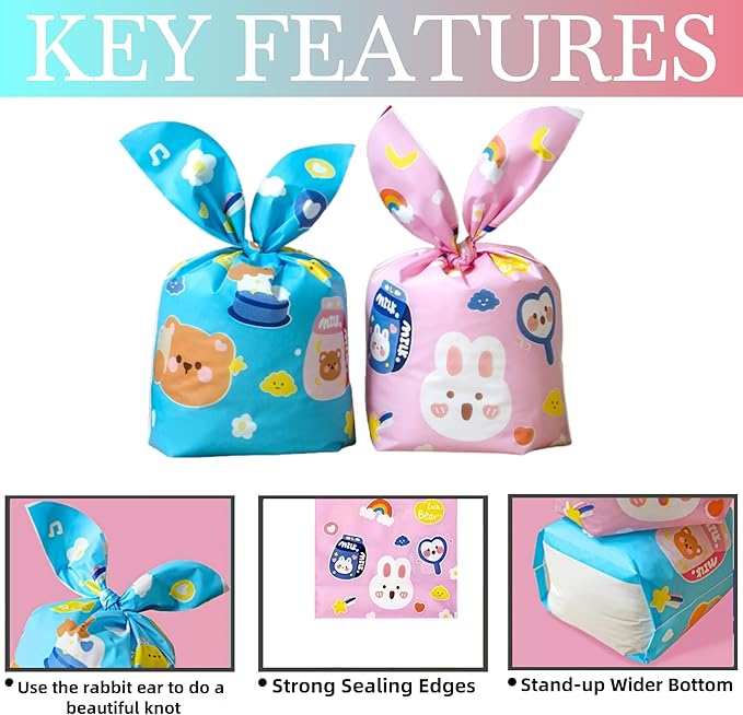 FERENLI 50 Pack Reusable Easter Gift Bags with Bunny Ears Goodie Treat Plastic Snack Candy Bags for Rabbit Bunny Birthday Party Favor Supplies (2 Mixed Colors, 7.1x11.8 inch(18x30 cm))