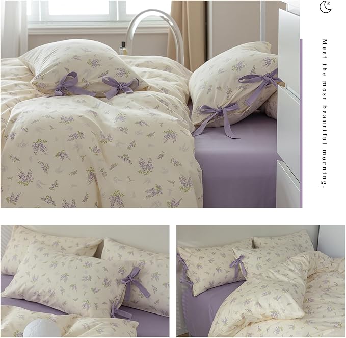 Queen Comforter Set White Purple Floral Bedding Comforter Garden Style Lilac Flower Comforter with 2 Bow Ties Pillowcases Fluffy Girls Floral Bedding Set Vintage Flower Botanical Comforter Set Queen