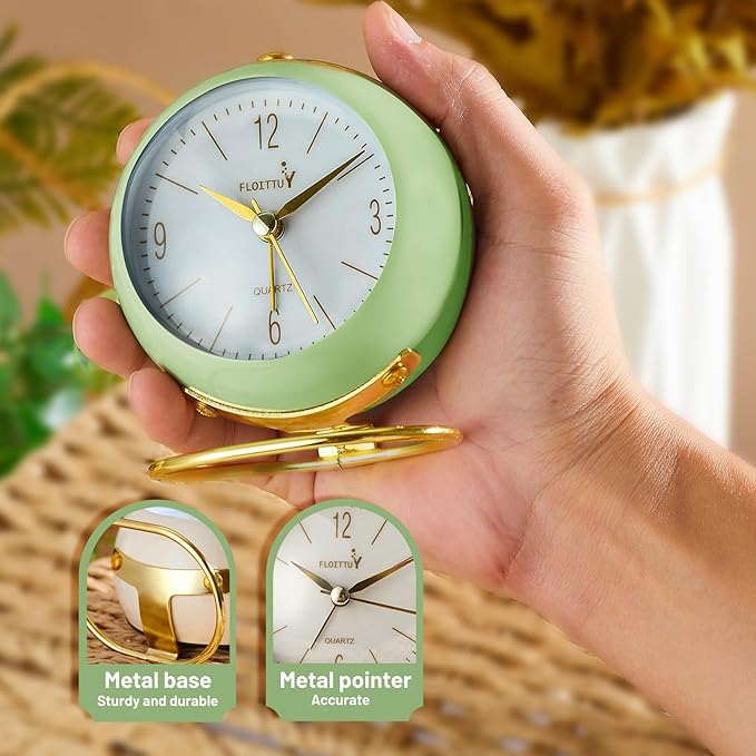 FLOITTUY Silent Table Analog Alarm Clock No Ticking, Lighted on Demand and Battery Operated, Beep Sounds, Small Desk Clock(Green)