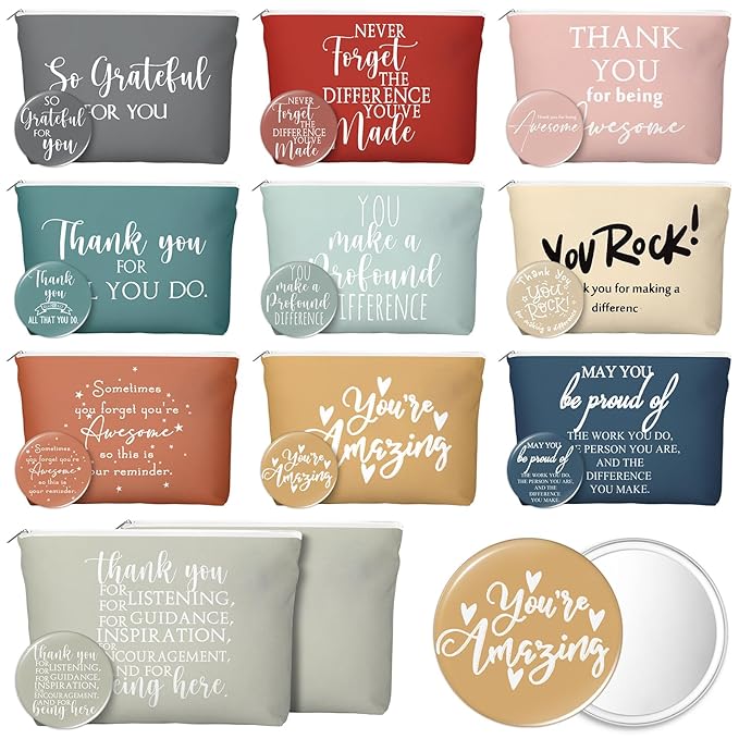 20 Pcs Employee Appreciation Gifts For Women Inspirational Canvas Makeup Bags Portable Compact Mirror Bulk Cosmetic Bags Thank You Gifts for Social Worker Coworkers (Praise,Vintage)