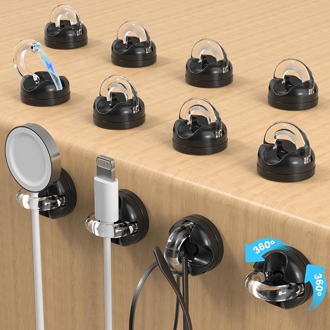 8-Pack Cord Organizer Holder, 360° Rotatable Charger Holder for Nightstand & Appliance Cord Management, 8mm Slot Magnetic Cord Clip with Strong Adhesive for Desk, Office, Kitchen