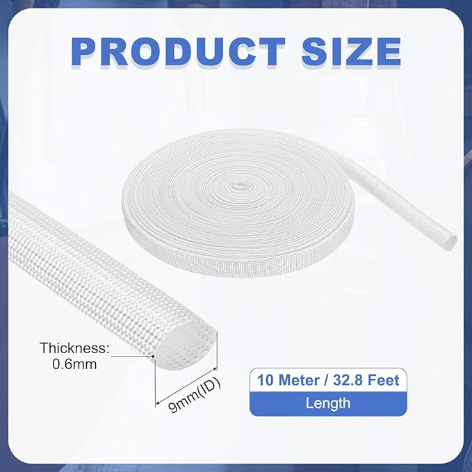 uxcell Insulation Cable Protector,9mm/0.35 Inch-10m/33 Feet High Temp Fiberglass Sleeve White