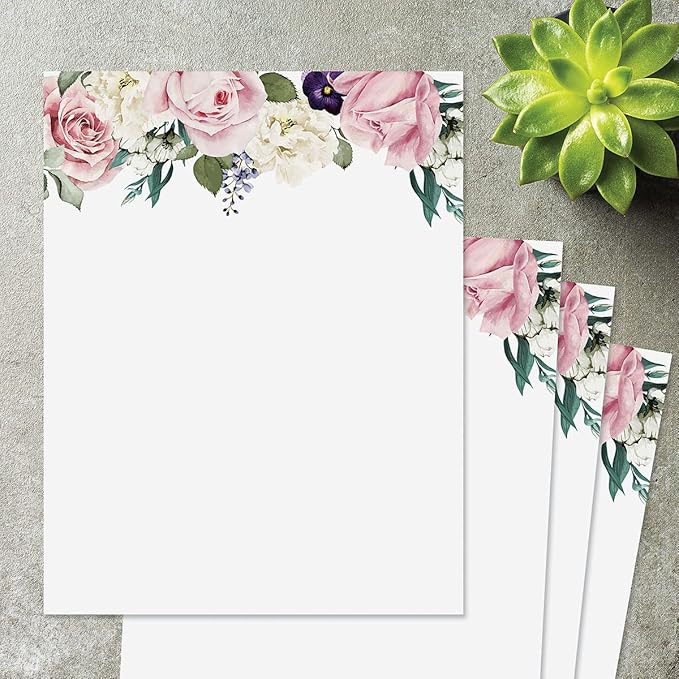 Current Victorian Rose Floral Letter Paper - Spring Stationery Papers With Decorative Rose Border, Printable Holiday, Wedding & Bridal Shower, & Invitation Sheets, Set of 25, 8 1/2" x 11"