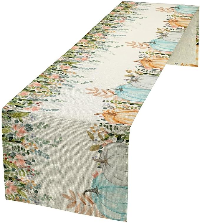 Fall Table Runner Blue Pumpkin Colorful Eucalyptus Leaves Thanksgiving Orange Green Watercolor Illustration Decor for Farmhouse Indoor Outdoor Party Holiday Dining Kitchen Restaurant Cafe W13xL36in