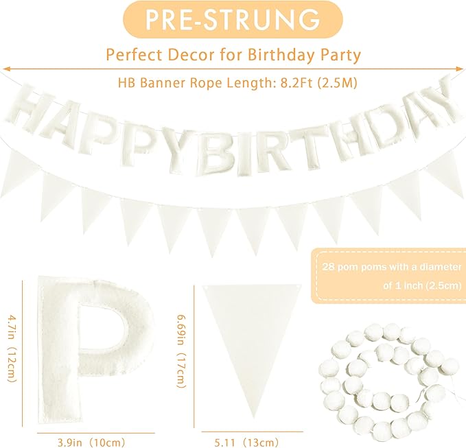 CANREVEL Pre-Strung 3D Happy Birthday Banner, 3 PCS White Happy Felt Garland, Pom Pom Garland, Triangle Fabric Bunting, Reusable White Birthday Decorations