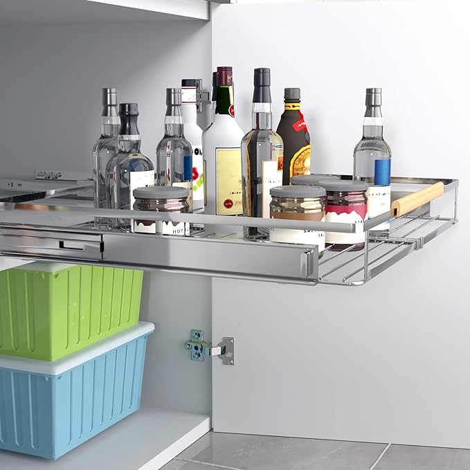 SUZLON Expandable Pull Out Cabinet Organizer,11.8~18" W x 17" D Heavy Duty Slide Out Shelves Adjustable Height Cabinet Pull Out Shelves,Expandable Width Spice Rack Organizer for Kitchen Cabinet
