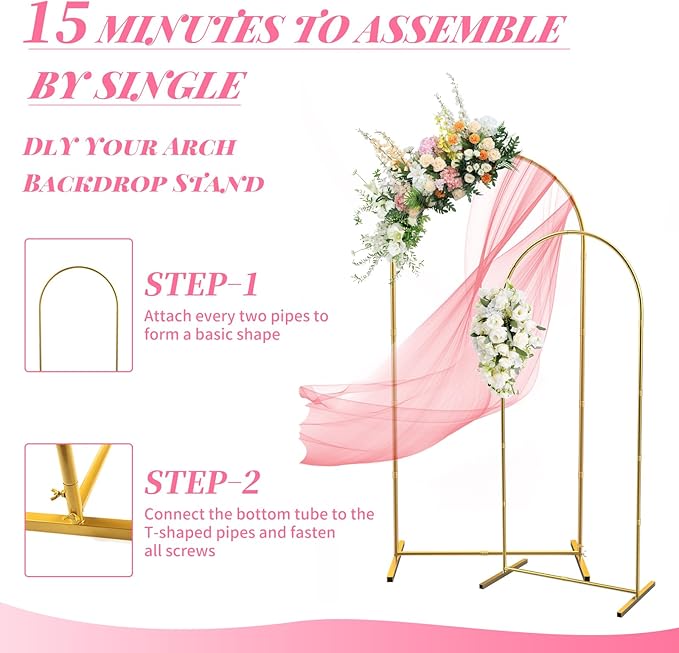 Metal Arch Backdrop Stand, 7.2FT+6FT Wedding Arch Backdrop Stand, Set of 2 Gold Backdrop Arch Stand, Wedding Arch Frame for Wedding Ceremony Birthday Party Baby Shower Graduation Ceremony Decoration