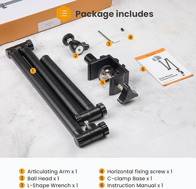 TARION Camera Desk Mount Stand - Articulating Arm, Flexible Overhead Mount, Adjustable Heavy Duty Tabletop DSLR Arm Boom for Flat Photography, Videography, Filming, Live Streaming TKB01