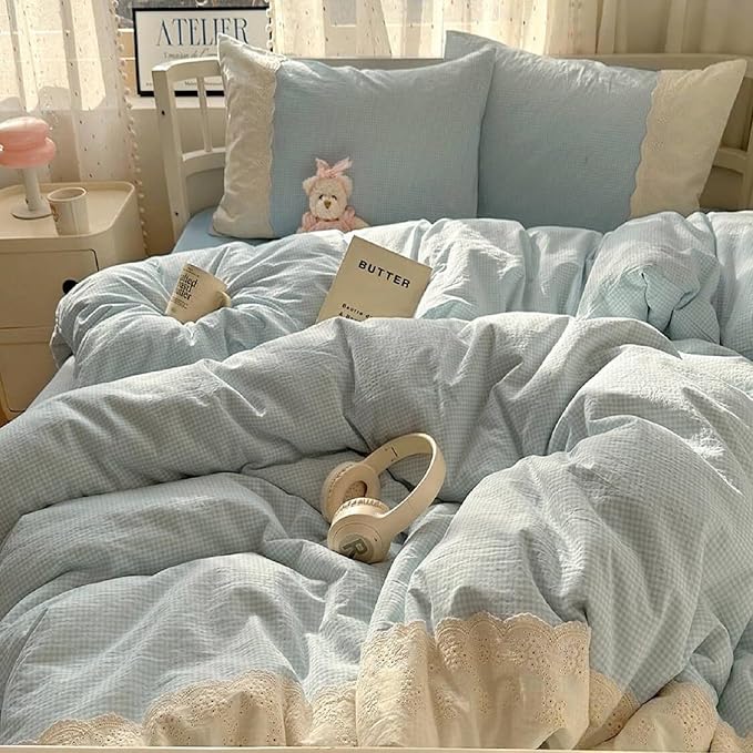 LifeTB Twin XL Comforter Set Blue Gingham Comforter with 2 Pillowcases Princess Lace Style Blue Plaid Grid Comforter Lightweight Soft Gingham Bedding Vintage Plaid Checkered Comforter Set Twin XL